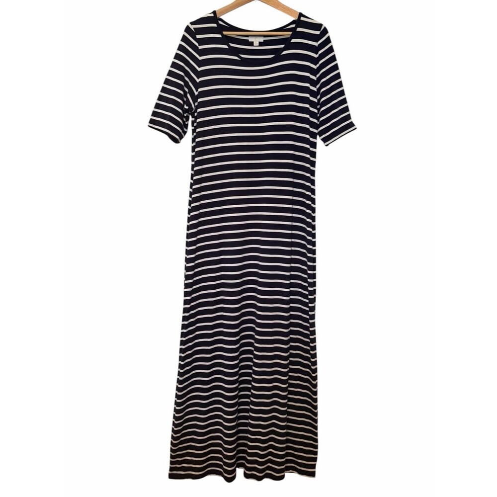 C Label Navy White Striped Viscose Short Slv Round Neck Maxi Dress Sz XL Casual